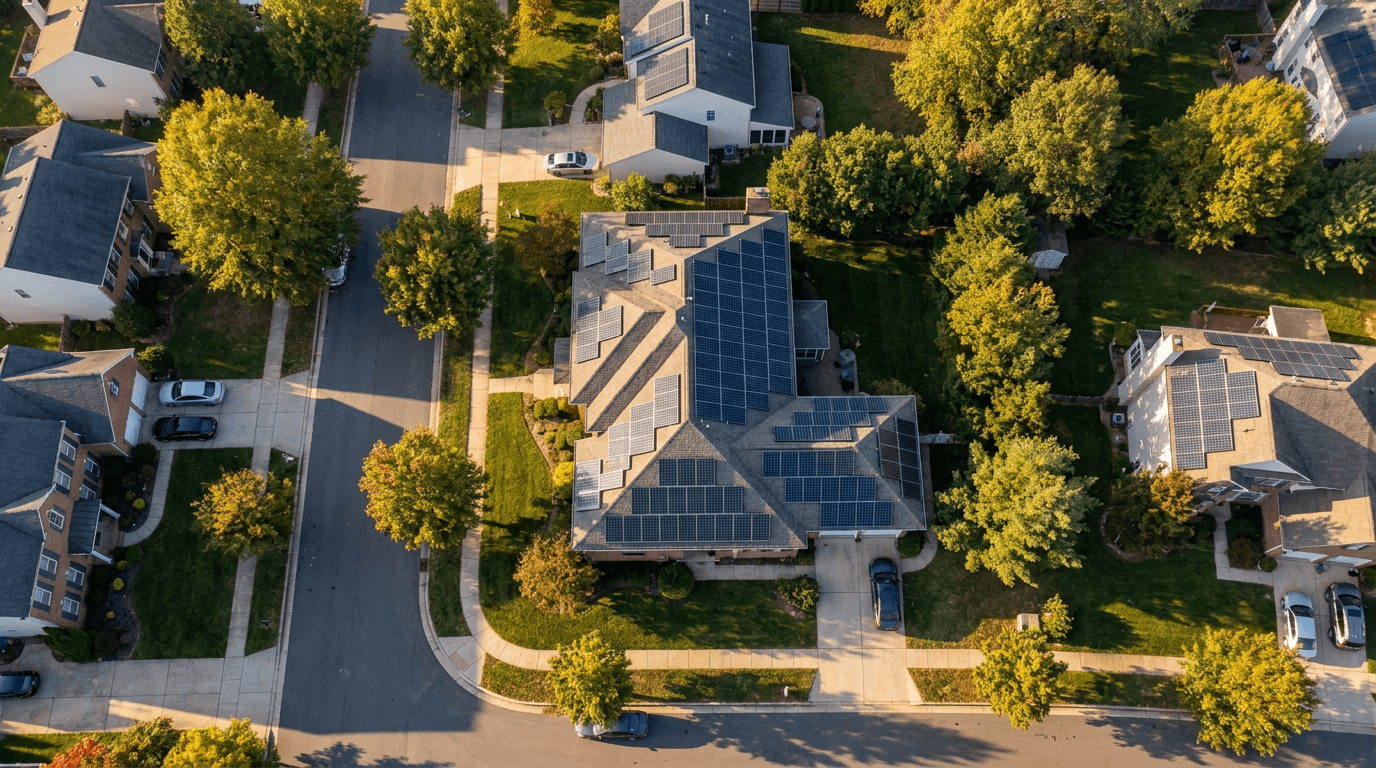 Aerial view of a neighborhood with rooftop solar panels
